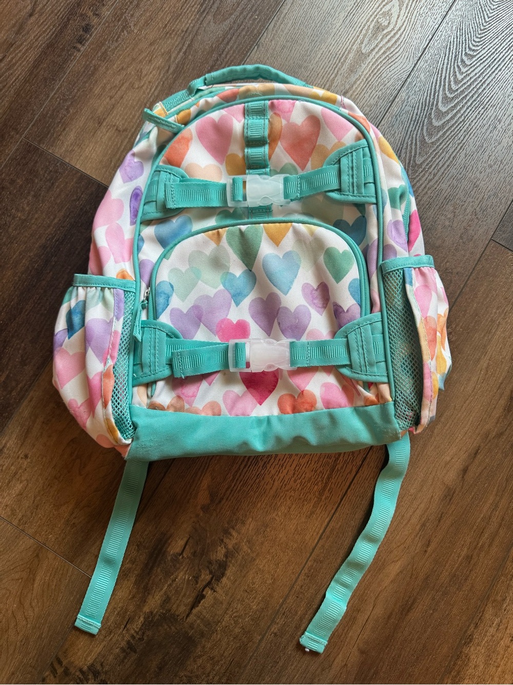 Large sized pottery barn kids backpack with rainbow hearts